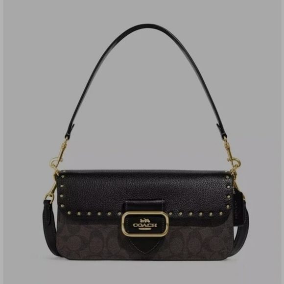 NWT Coach Morgan Black Brown Signature Canvas Gold Stud Rivets Shoulder Bag - Picture 7 of 7